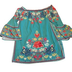 Flying Tomato Boho Floral Off Shoulder Dress Teal Embroidered Size L
